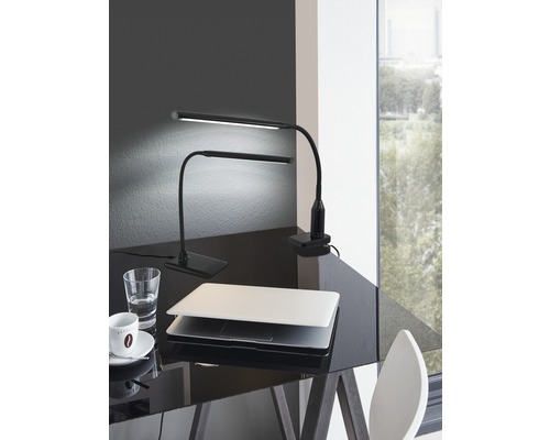 Zwei schwarze LED Schreibtischlampen mit Laptop, Glas Wasser und Tasse Kaffee auf einem Schreibtisch