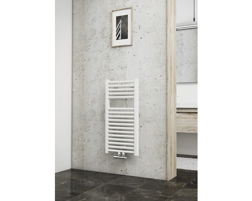 Badheizkörper Schulte München 775x400 mm weiß mit Mittelanschluss Bad mit Heizkörper und gerahmtem Bild an der Wand