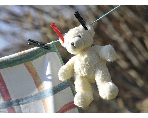Plüschteddybär mit Wäscheklammern an einer Wäscheleine