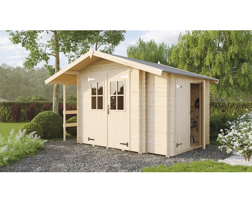 Holzgartenhaus mit Doppeltür und Vordach im Garten