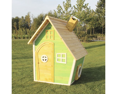 Spielhaus aus Holz mit Tür, Fenstern und Schornstein