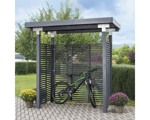 Fahrradunterstand aus Holz mit Fahrrad