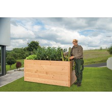Hochbeet aus Holz mit Gärtner und verschiedenen Gemüsesorten im Garten