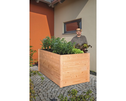 Hochbeet aus Holz mit bepflanztem Gemüse und einem Mann