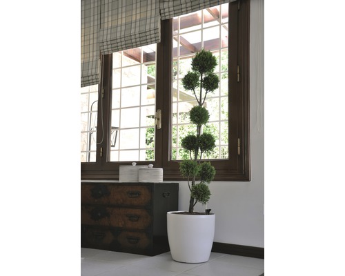 Zimmer mit Fenster, Rollo, Kommode, Behältern und Topfpflanze