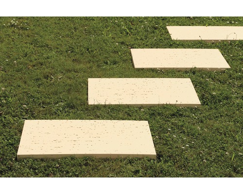 Rechteckige Steinplatten als Gartenweg im Rasen
