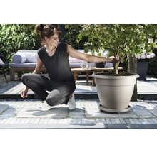 Frau hockt neben einem bepflanzten Blumentopf im Garten