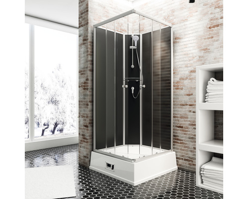 Fertigdusche Schulte EE Korfu II RW 94x94x215 cm Echtglas Klar hell schwarz Eckdusche mit Duschkopf und Brausegarnitur in einem Badezimmer