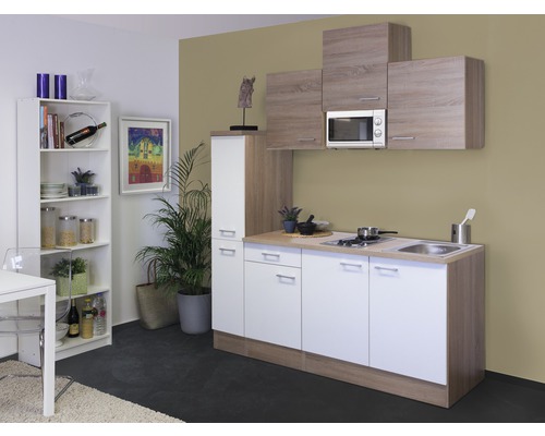 Singleküche Flex Well Samoa 9867 weiß/Sonoma Eiche 180 cm inkl. Einbaugeräte Kompakte Küche mit Schränken, Spüle, Herd, Mikrowelle und Regal