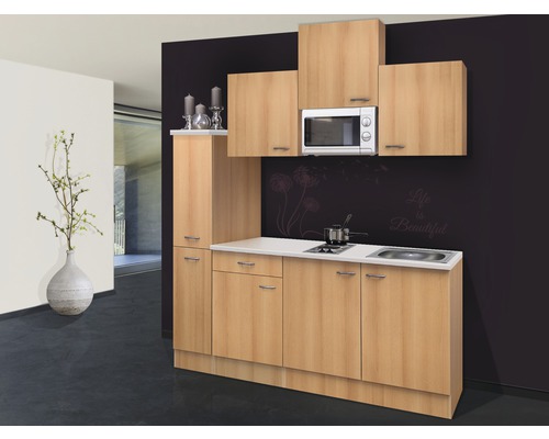Singleküche Flex Well Nano 9868 Buche-Dekor/Buche-Dekor 180 cm inkl. Einbaugeräte Kompakte Küchenzeile mit Hängeschränken, Spüle und Kochfeld