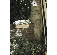Gartenszene mit Blumenkasten, Flechtzaun, Baumstamm, Vogelhaus und Gartengeräten.