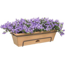 Blumenkasten mit lila Glockenblumen auf einem schwarzen Halter