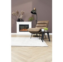 Wohnzimmer mit Sessel, Stehlampe, Kamin und Teppich auf Holzboden