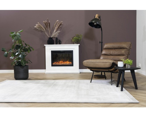 Wohnzimmer mit Teppich, Sessel, Stehlampe und Elektrokamin