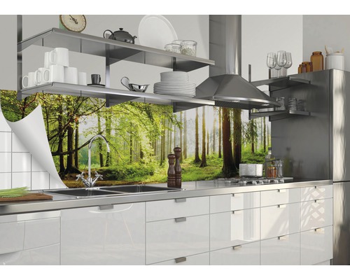 Küchenrückwand mit Waldmotiv in einer modernen Küche