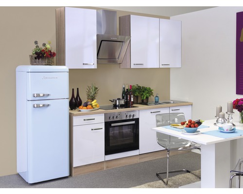 Küchenblock Flex Well Valero 9931 weiß hochglanz/Sonoma Eiche 220 cm inkl. Einbaugeräte