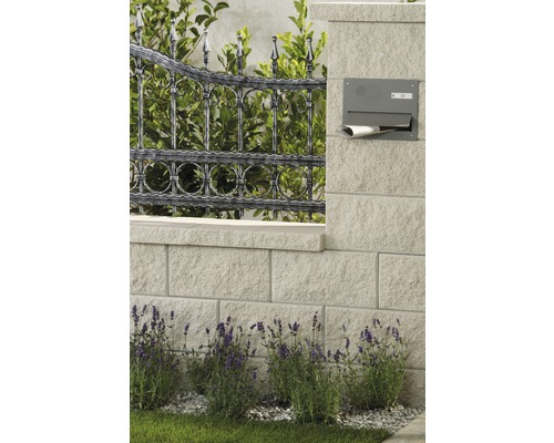 Gartenmauer mit Zaun, Briefkasten und Bepflanzung