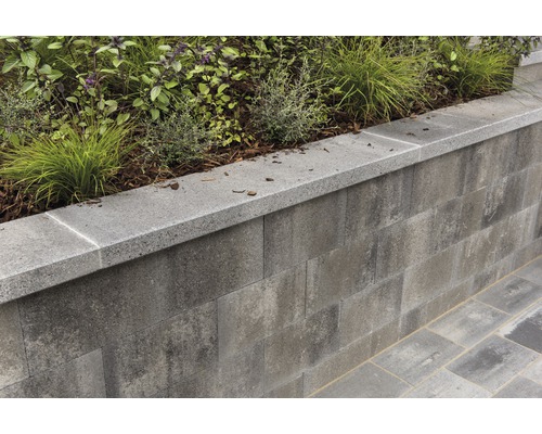 Gartenmauer aus Betonsteinen mit Bepflanzung