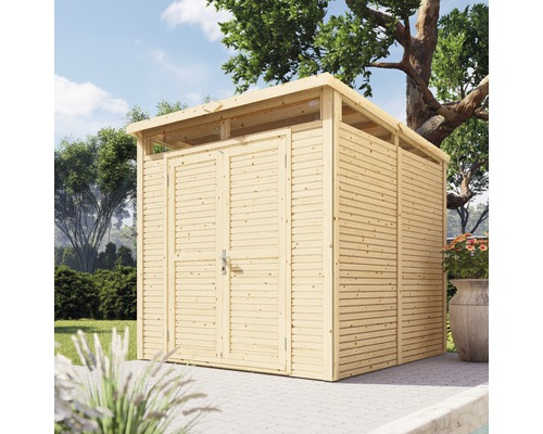 Holzgartenhaus mit Doppeltür im Außenbereich