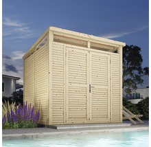 Holzgartenhaus mit Doppeltür neben Pool