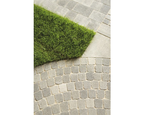 Nahaufnahme von Pflastersteinen und Gras für die Gartengestaltung.