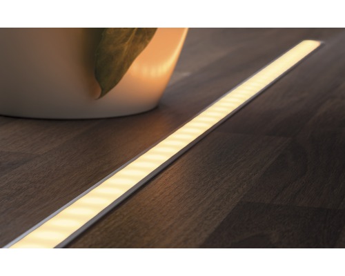 LED-Leiste auf Holzboden neben Topfpflanze