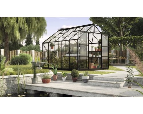 Gewächshaus Vitavia Uranus 8300 Einscheibensicherheitsglas 3 mm 257x321 cm schwarz Gewächshaus im Garten mit Pflanzen und Gartenzubehör