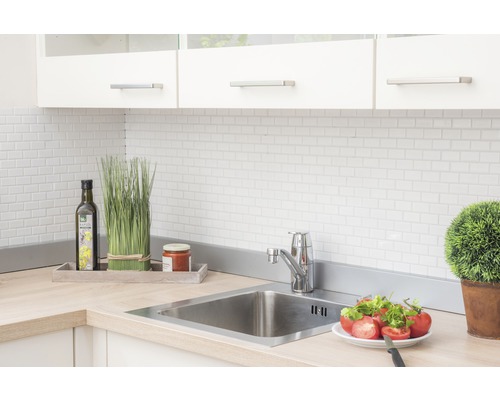 Küchenszene mit Spüle, Armatur, Fliesen, Schrank und Dekoration