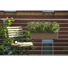 Szene mit einem Balkonkasten mit Pflanzen, der an einem Geländer hängt, und einem Klappstuhl mit Kissen und Zeitschrift