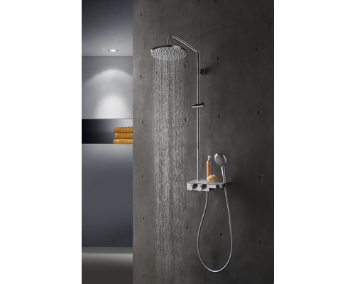 Duschsäule mit Kopfbrause, Handbrause und Ablage im Badezimmer