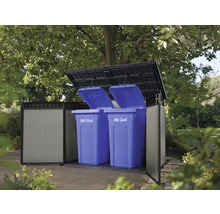 Mülltonnenbox mit zwei blauen Mülltonnen im Garten
