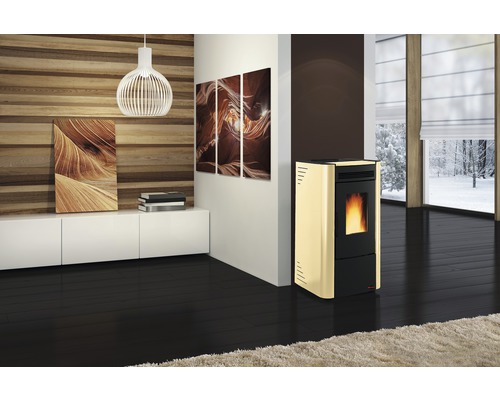 Wohnzimmer mit Pelletofen, Lowboard und Dekoration