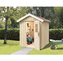 Gartenschuppen aus Holz mit geöffneter Tür und Gartengeräten im Inneren