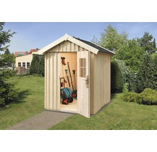 Gartenschrank aus Holz mit geöffneter Tür und Gartengeräten im Inneren.