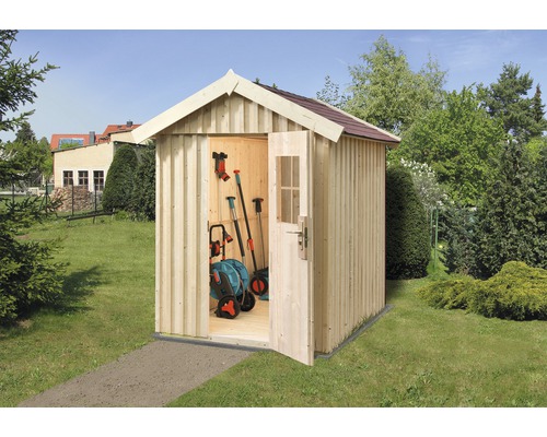 Gartenhaus weka Öland inkl. Fußboden 162 x 168 cm Gartenhaus aus Holz mit geöffneter Tür und Gartengeräten im Inneren