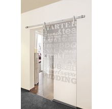 Glasschiebetür mit Speisemotiven und Metallschiene