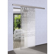 Glasschiebetür mit Speisemotiven in einem Wohnraum