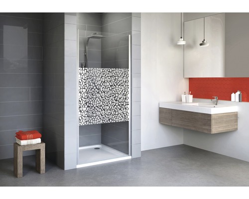 Drehtür für Nische Schulte Alexa Style 2.0 900x1920 mm Dekorglas Terazzo alunatur Modernes Badezimmer mit Duschkabine, Waschbeckenunterschrank und Spiegel