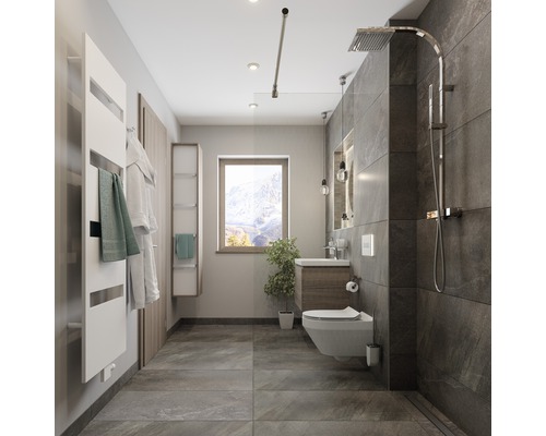 Modernes Badezimmer mit Dusche, Toilette, Waschbecken und Handtuchwärmer