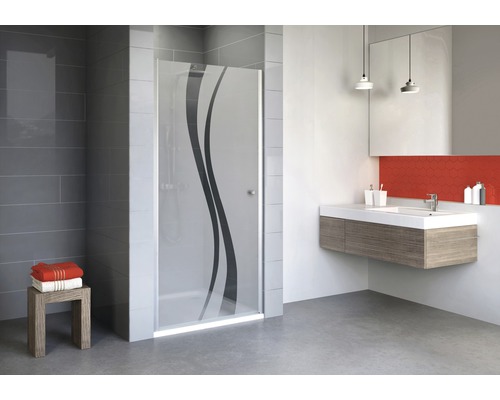 Drehtür für Nische Schulte Alexa Style 2.0 900x1920 mm Dekorglas Liane alunatur Badezimmer mit Duschkabine mit Wellenmuster, Waschtisch und Spiegel