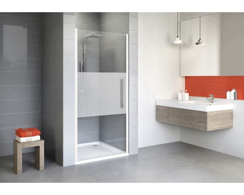 Drehtür für Nische Schulte Alexa Style 2.0 900x1920 mm Dekorglas Dezent weiß Modernes Badezimmer mit Duschkabine, Waschtisch und Ablagehocker