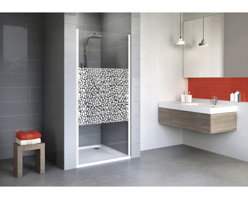 Drehtür für Nische Schulte Alexa Style 2.0 900x1920 mm Dekorglas Terazzo weiß Badezimmer mit Duschkabine, Waschtisch und Spiegel
