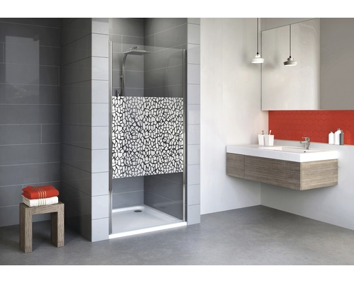 Drehtür für Nische Schulte Alexa Style 2.0 900x1920 mm Dekorglas Terazzo chromoptik Badezimmer mit Dusche, Waschbecken und Spiegel