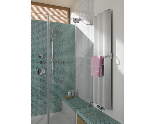 Helles Badezimmer mit Dusche, Sitzbank und Heizkörper