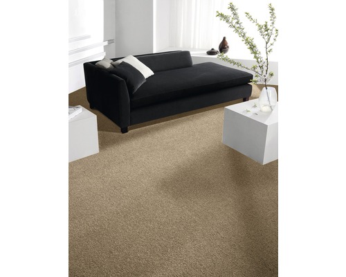 Wohnzimmer mit beigem Teppichboden und schwarzem Sofa