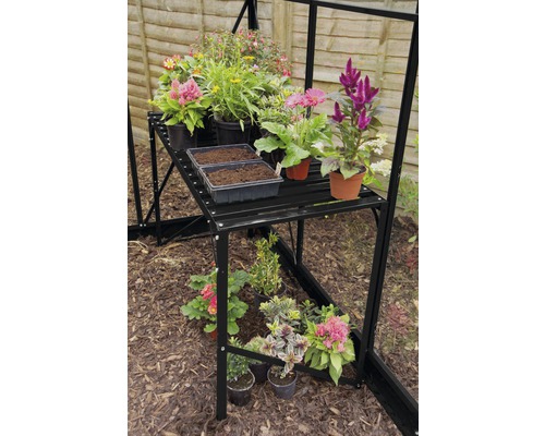 Aluminiumtisch Vitavia 1 Ablage, 121 x 54 x 76cm, schwarz Gewächshausregal mit Pflanzen und Anzuchtschalen im Garten