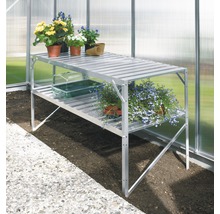 Gewächshaus Tisch aus Aluminium mit zwei Ablageflächen und Pflanzen