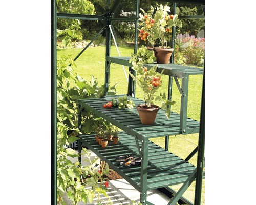 Tischaufsatz Vitavia für Aluminiumtisch, 121 x 28 x 39 cm, grün Gewächshaus mit Regal, Pflanzen und Gartenzubehör.