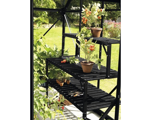 Tischaufsatz Vitavia für Aluminiumtisch, 121 x 28 x 39 cm, schwarz Gewächshaus mit schwarzem Regal und Pflanzen