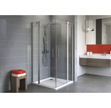 Modernes Badezimmer mit quadratischer Duschkabine, Duschkopf und Waschbecken